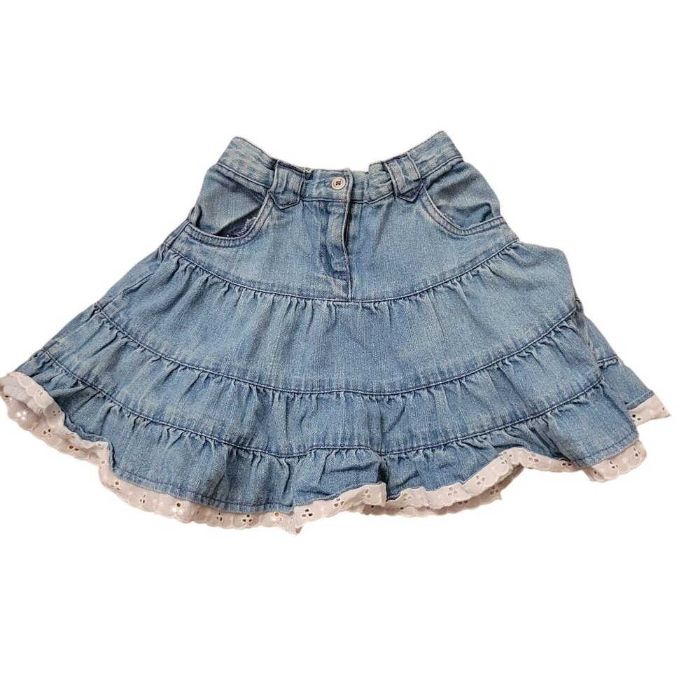 George Blue Jean Denim Tiered Skirt‎ Eyelet Lace Trim 3T Full Circle